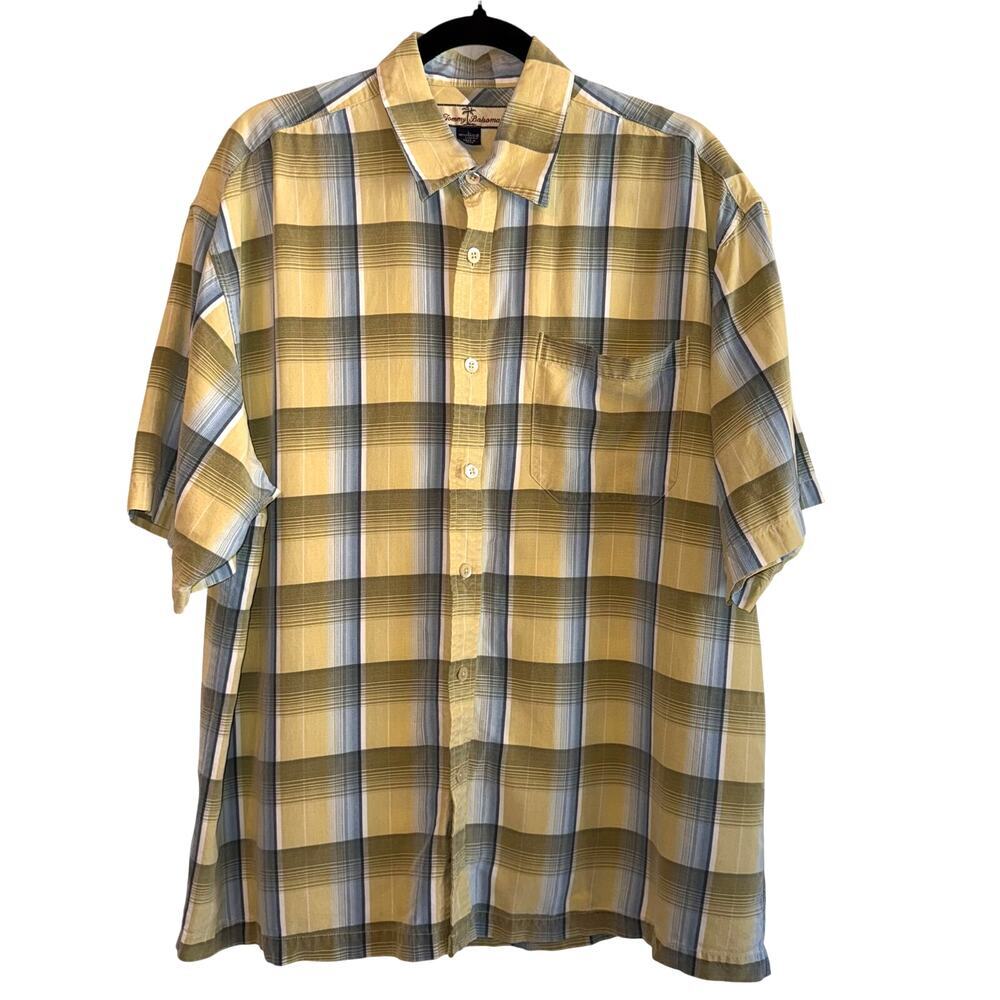 Tommy Bahama Yellow Tencel Casual Short Sleeve Plaid Button Down Shirt Men L